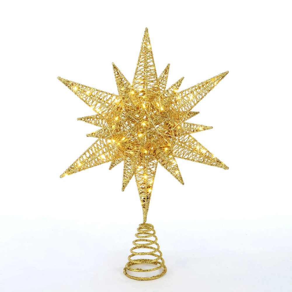 Champagne Gold Glitter Star Light Up LED Christmas Tree Topper 15.5" Holiday Lit